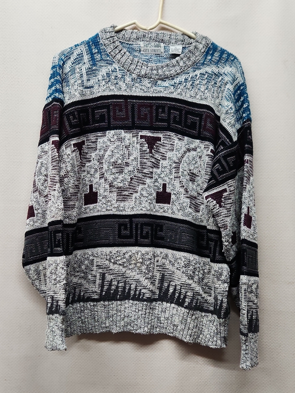City Streets Men’s Patterned Crewneck Sweater - Blue, Black, White